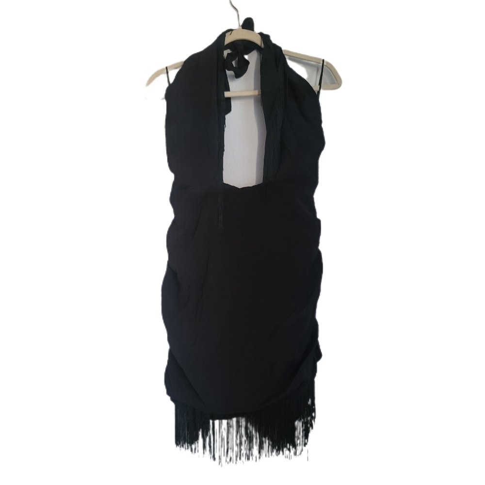 Fanco Dress Juniors L Large Black Sleeveless Halter Fringe Mini